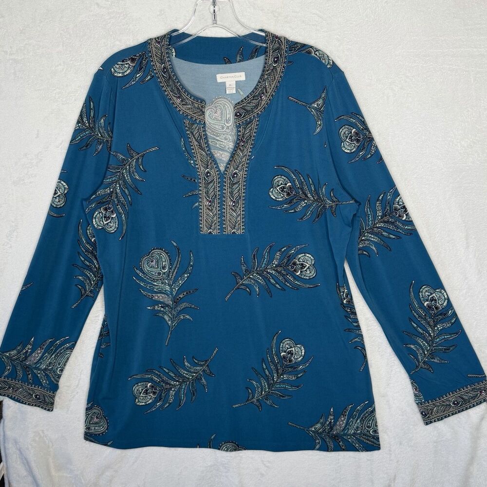 Charter Club Womens Size XL Teal Blue Tunic Top Paisley Feather Print Split Neck